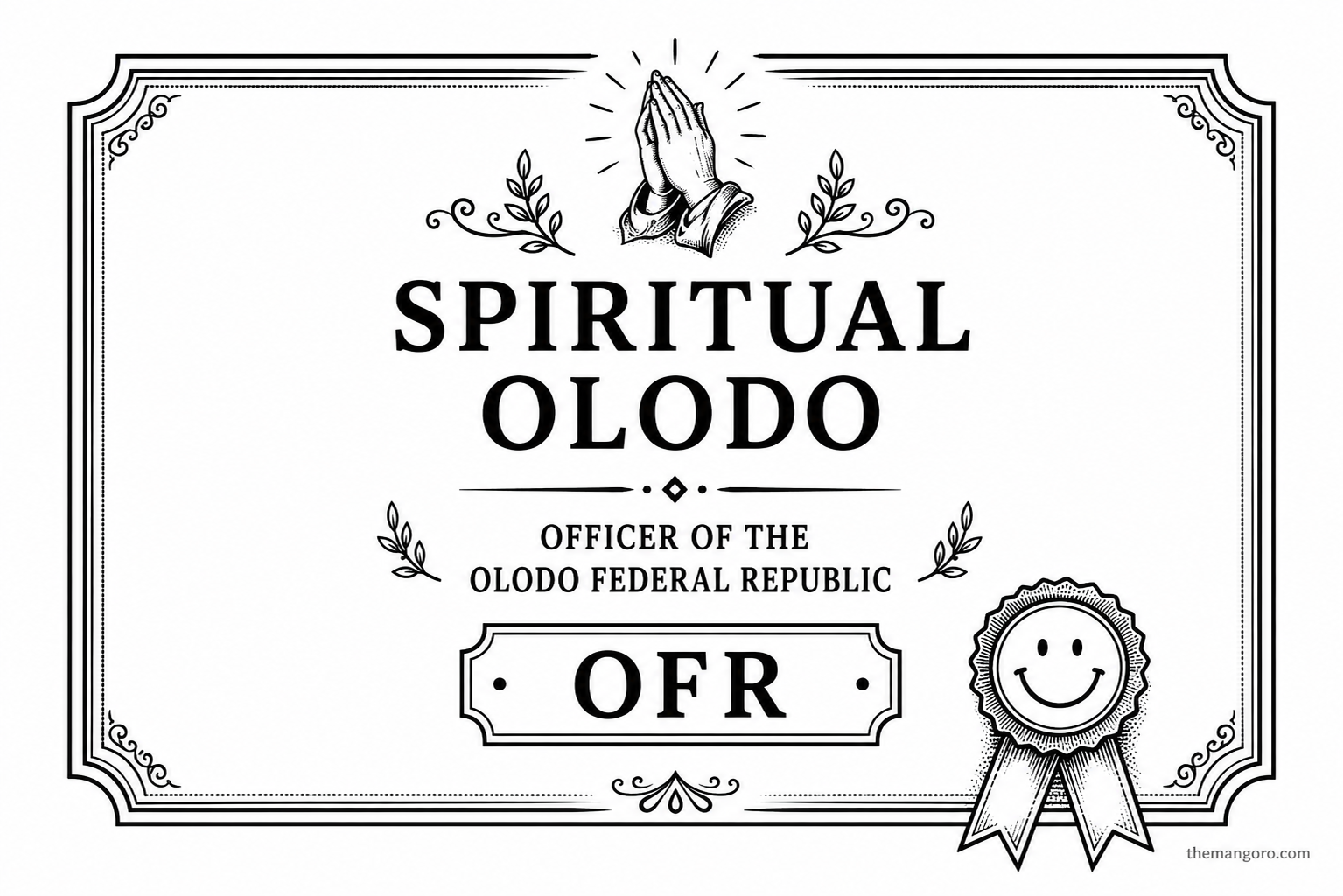 Award plaque for Spiritual Olodo, Officer of the Olodo Federal Republic, OFR.