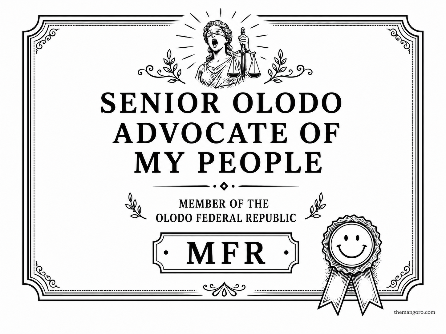 Award plaque for Senior Olodo Advocate of My People, Member of the Olodo Federal Republic, MFR.