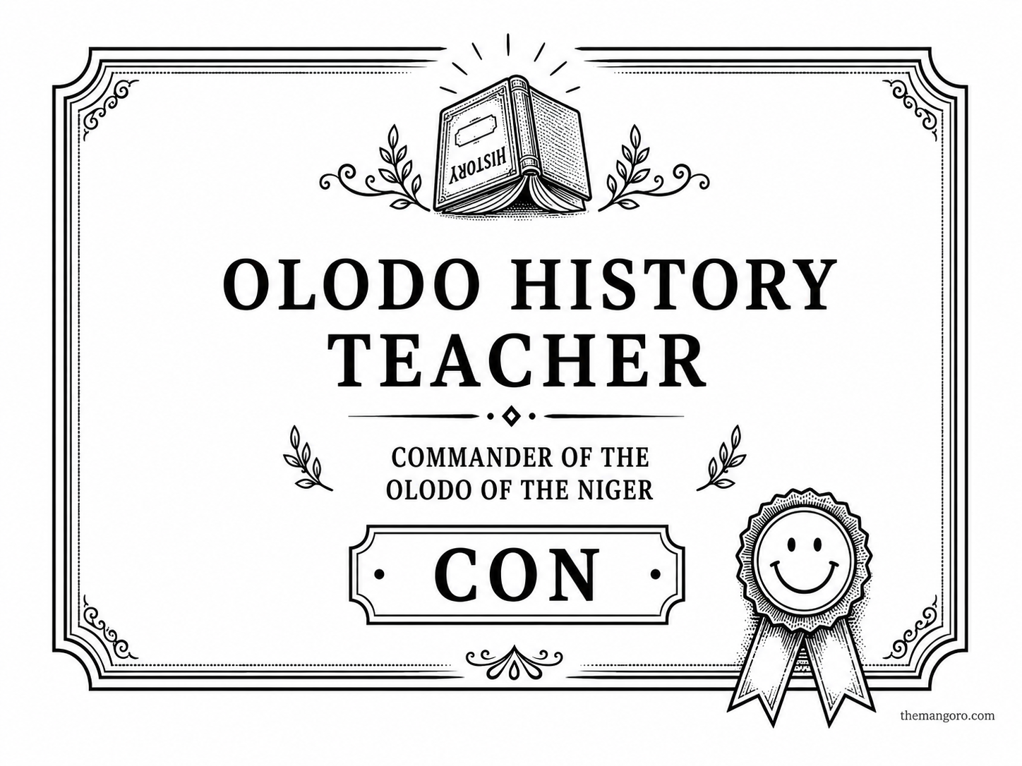 Award plaque for Olodo History Teacher, Commander of the Olodo Niger, CON.